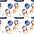 Astronaut seamless pattern. Universe kids Baby boy girl elephant, fox cat and bunny, space suit, cosmonaut stars, planet, moon,