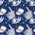 Astronaut seamless pattern. Universe kids Baby boy girl elephant, fox cat and bunny, space suit, cosmonaut stars, planet, moon, Royalty Free Stock Photo
