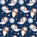 Astronaut seamless pattern. Universe kids Baby boy girl elephant, fox cat and bunny, space suit, cosmonaut stars, planet, moon, Royalty Free Stock Photo