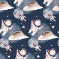 Astronaut seamless pattern. Universe kids Baby boy girl elephant, fox cat and bunny, space suit, cosmonaut stars, planet, moon, Royalty Free Stock Photo