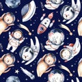 Astronaut seamless pattern. Universe kids Baby boy girl elephant, fox cat and bunny, space suit, cosmonaut stars, planet, moon, Royalty Free Stock Photo