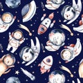 Astronaut seamless pattern. Universe kids Baby boy girl elephant, fox cat and bunny, space suit, cosmonaut stars, planet, moon, Royalty Free Stock Photo