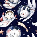 Astronaut seamless pattern. Universe kids Baby boy girl elephant, fox cat and bunny, space suit, cosmonaut stars, planet, moon, Royalty Free Stock Photo