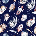 Astronaut seamless pattern. Universe kids Baby boy girl elephant, fox cat and bunny, space suit, cosmonaut stars, planet, moon,