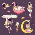 Astronaut set. Alien, hippie meditating on Moon, attractive woman and lazy astronaut