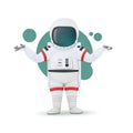 Astronaut shrugs showing doubt, confusion or lack of knowledge. Puzzled expression. Cartoon character. Vector illustration