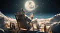 an astronaut sits in a chair on the moon relaxingly drinking cold beer and enjoying the view of the earth Royalty Free Stock Photo