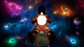 Astronaut sits on planet earth and hold glow star planet in hands. Cosmonaut in space, exploration of outer space, exploration of Royalty Free Stock Photo