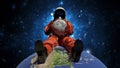 Astronaut sits on planet earth and hold moon in hands. Cosmonaut in space, exploration of outer space, exploration of the Moon. Royalty Free Stock Photo