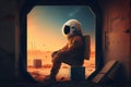 An astronaut sitting on a chair crashed spaceship outside the barren star
