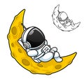 Astronaut Sitting on The Crescent Moon with Black and White Line Art Drawing Royalty Free Stock Photo