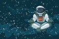 Astronaut sitting in lotus position, meditating, relaxing floating in space