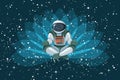 Astronaut sitting in lotus position, meditating, relaxing floating in space