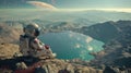 Astronaut sitting on a rocky terrain looking at a distant planet. Sci-fi concept art