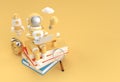 Astronaut sitting on Stack of books with working on laptop 3D Render Illustration Royalty Free Stock Photo