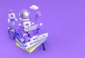 Astronaut sitting on Stack of books with working on laptop 3D Render Illustration Royalty Free Stock Photo