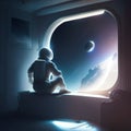 Astronaut sitting on the window of an astronaut\'s spaceship. 3D rendering AI Generated