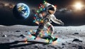 Astronaut Skateboarding on Moon with Christmas Lights