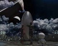 Astronaut and small robot facing a strange egg-shaped object and an alien at the spacewalk on a dark planet