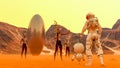 Astronaut and small robot facing a strange egg-shaped object and aliens at the spacewalk on a desert planet Royalty Free Stock Photo