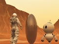 Astronaut and small robot facing a strange egg-shaped object on a desert alien planet Royalty Free Stock Photo