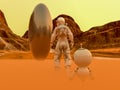 Astronaut and small robot facing a strange egg-shaped object at the spacewalk on a desert planet Royalty Free Stock Photo