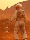 Astronaut and small robot at the spacewalk on a desert planet with spaceship at the back Royalty Free Stock Photo