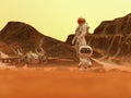 Astronaut and small robot at the spacewalk on a desert planet with spaceship at the back Royalty Free Stock Photo