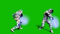 Astronaut-soldier of the future fighting with a lightsaber in front of a green screen. 3D Rendering