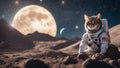 astronaut in space An adorable cat astronaut with a soft, silvery suit, perched on the asteroid surface with moon rising Royalty Free Stock Photo