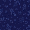 Astronaut space animals on blue seamless vector background. Rocket ships. Animal astronauts mouse, cat, giraffe, dog, and lion in