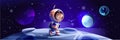 Astronaut at space background banner in flat cartoon design. Cosmos fantasy poster with cute spaceman in spacesuit with helmet