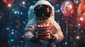 An astronaut holding in hands a birthday cake with candles. Event celebration