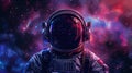 An astronaut wear a headphones over helmet and listen music in open space background