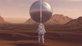 Astronaut Space Explorer and Large Alien Silver Orb Sphere Split above a Arid Mountain Desert with Sediment Mudflat