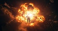 Astronaut in Space Explosion Silhouette of an astronaut floating amidst a fiery cosmic explosion debris scattered around