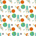 Astronaut space landing planets spaceship seamless pattern background future exploration space ship cosmonaut rocket