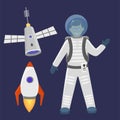 Astronaut space landing spaceship future exploration space ship cosmonaut rocket shuttle vector illustration