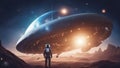 astronaut in space 15 near exploding star, Alien and astronaut travels by on aerostat and exploring the universe. Royalty Free Stock Photo