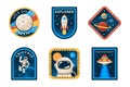 Astronaut space patch, colorful logo design, label or badge set. Boy t shirt stickers for mars mission with galaxy