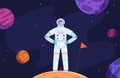 Astronaut in space. Red planet colonization, cartoon cosmonaut in universe vector illustration