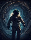 Astronaut in space suit floating amidst a mesmerizing swirl of cosmic energy and galaxy, representing orbits or energy waves, Royalty Free Stock Photo