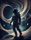 Astronaut in space suit floating amidst a mesmerizing swirl of cosmic energy and galaxy, representing orbits or energy waves Royalty Free Stock Photo