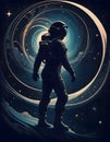 Astronaut in space suit floating amidst a mesmerizing swirl of cosmic energy and galaxy, representing orbits or energy waves Royalty Free Stock Photo