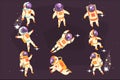 Astronaut In Space Suit Floating In Open Space In Different Positions Set Of Illustrations,