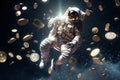 Astronaut in space suit flying among flying coins