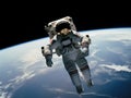 an astronaut in space suit flying in cosmos, Earth behind