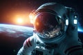 Astronaut in space suit flying in outer space with planet on background, close up. Deep space exploration. Created with