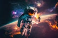 Astronaut in space suit flying in outer space with planet on background, close up. Deep space exploration. Created with generative