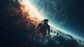 astronaut in space suit and helmet flying on orbit of far planet, cosmonaut orbiting Earth in cosmos, astronomy concept Royalty Free Stock Photo